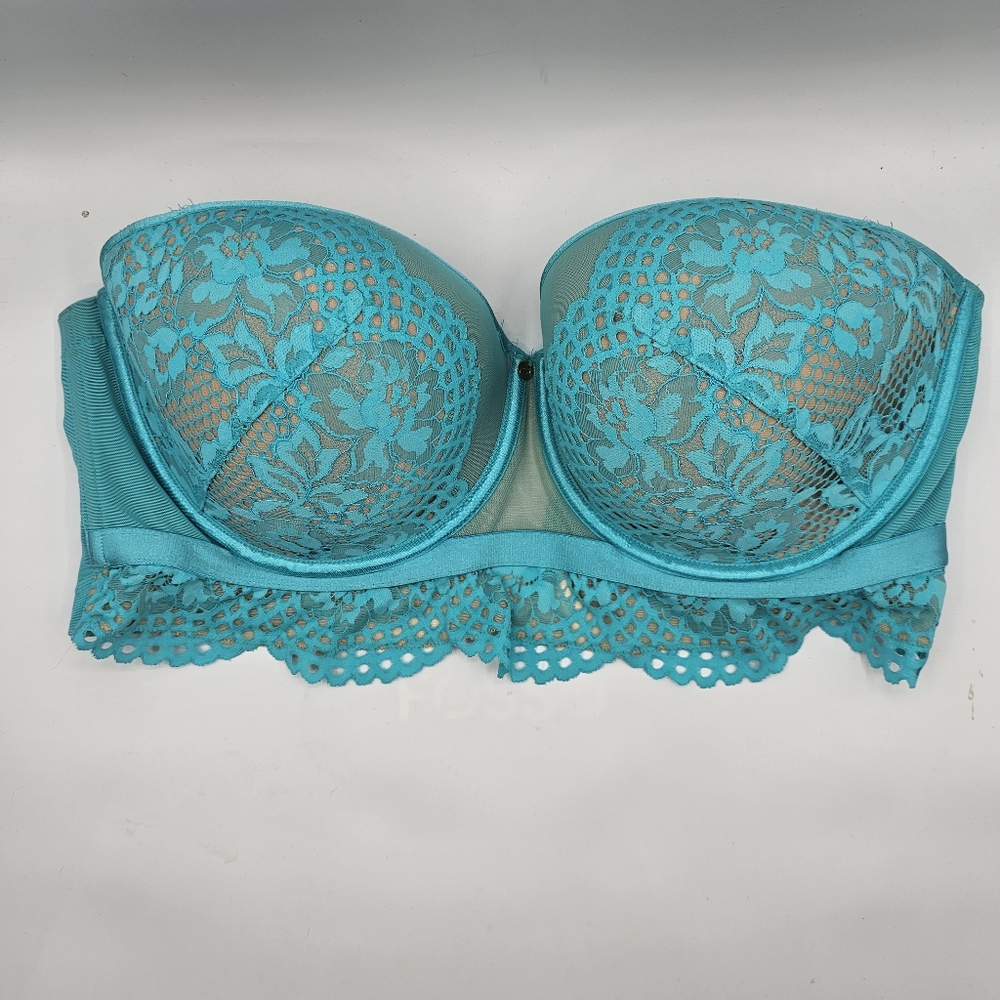 Cacique Lane Bryant Lightly Lined Floral Lace Strapless Crochet Teal Bra Size38F